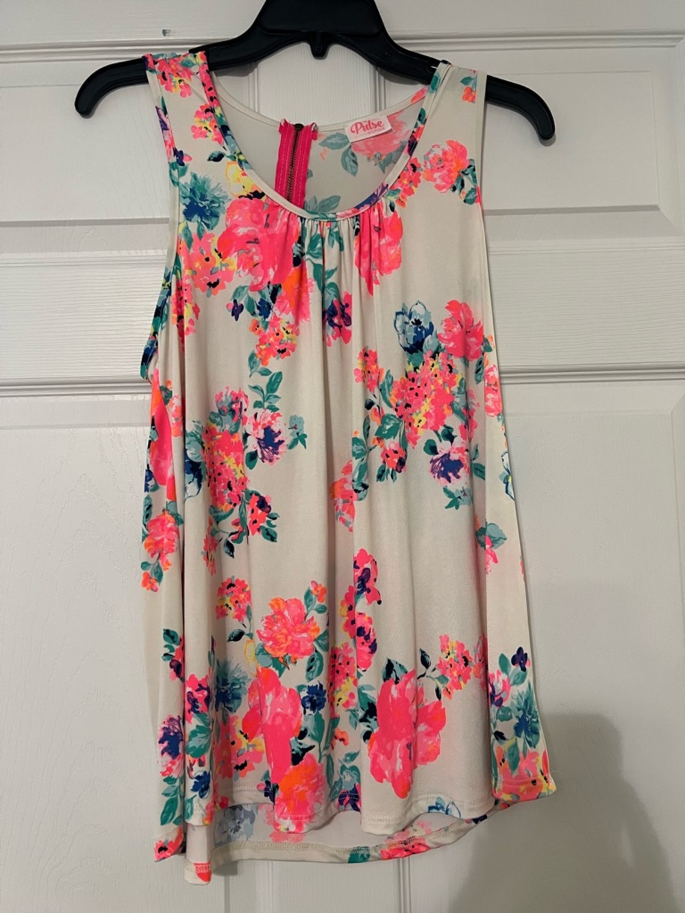 Pulse Cream Tank Top with Bright Pink & Teal Floral Print
